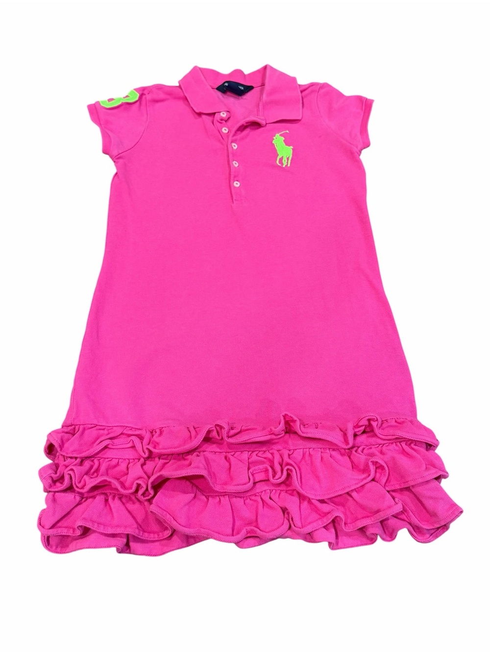 Ralph Lauren Hot Pink Polo Dress with Neon Yellow Logo, Size 12-14